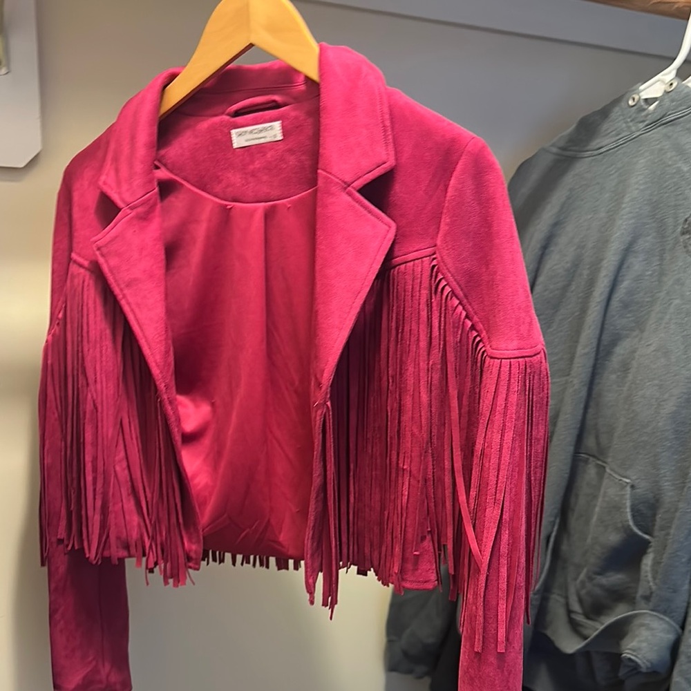 Pink Fringe Blazer with Cropped Length and Lapel Collar